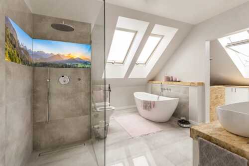 Schloss Neuschwanstein und Schloss Hohenschwangau bei Sonnenuntergang - Königliche Landschaft - LED-Leuchtbild - 2-Teilig, Größe ca. 240x60cm, Seitenverhältnis 4:1 - Schloss Neuschwanstein - weitere Infos unter https://www.kriner-weiermann.de