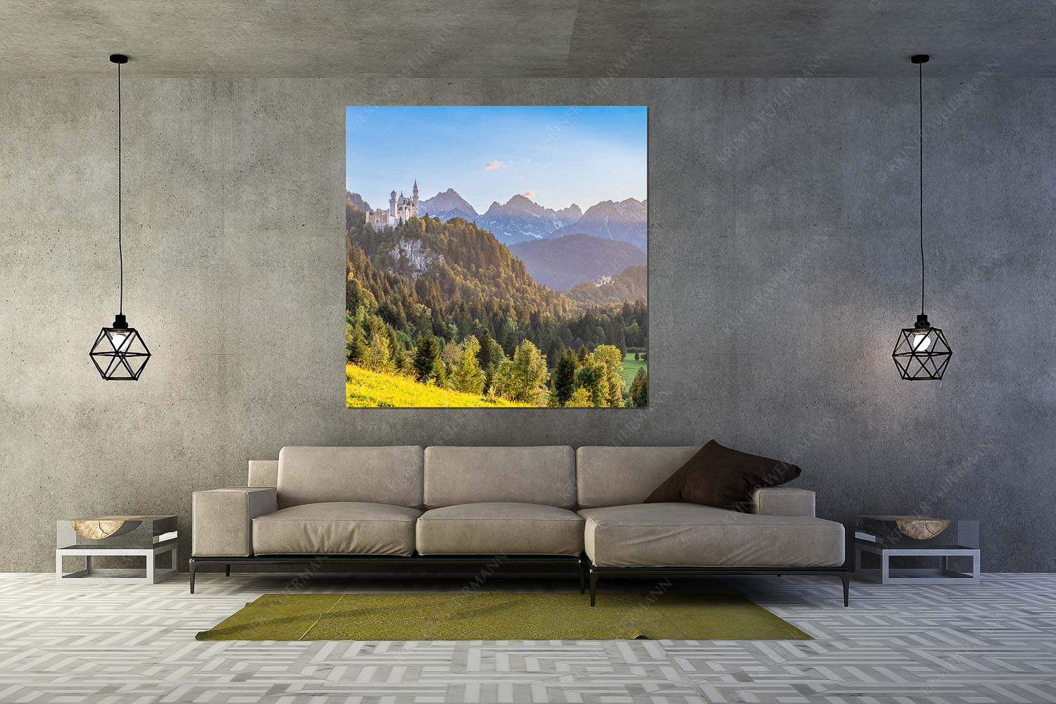 Schloss Neuschwanstein und Schloss Hohenschwangau bei Sonnenuntergang - Königliche Landschaft - Wandbild - Größe ca. 160x160cm, Seitenverhältnis 1:1 - Schloss Neuschwanstein - weitere Infos unter https://www.kriner-weiermann.de