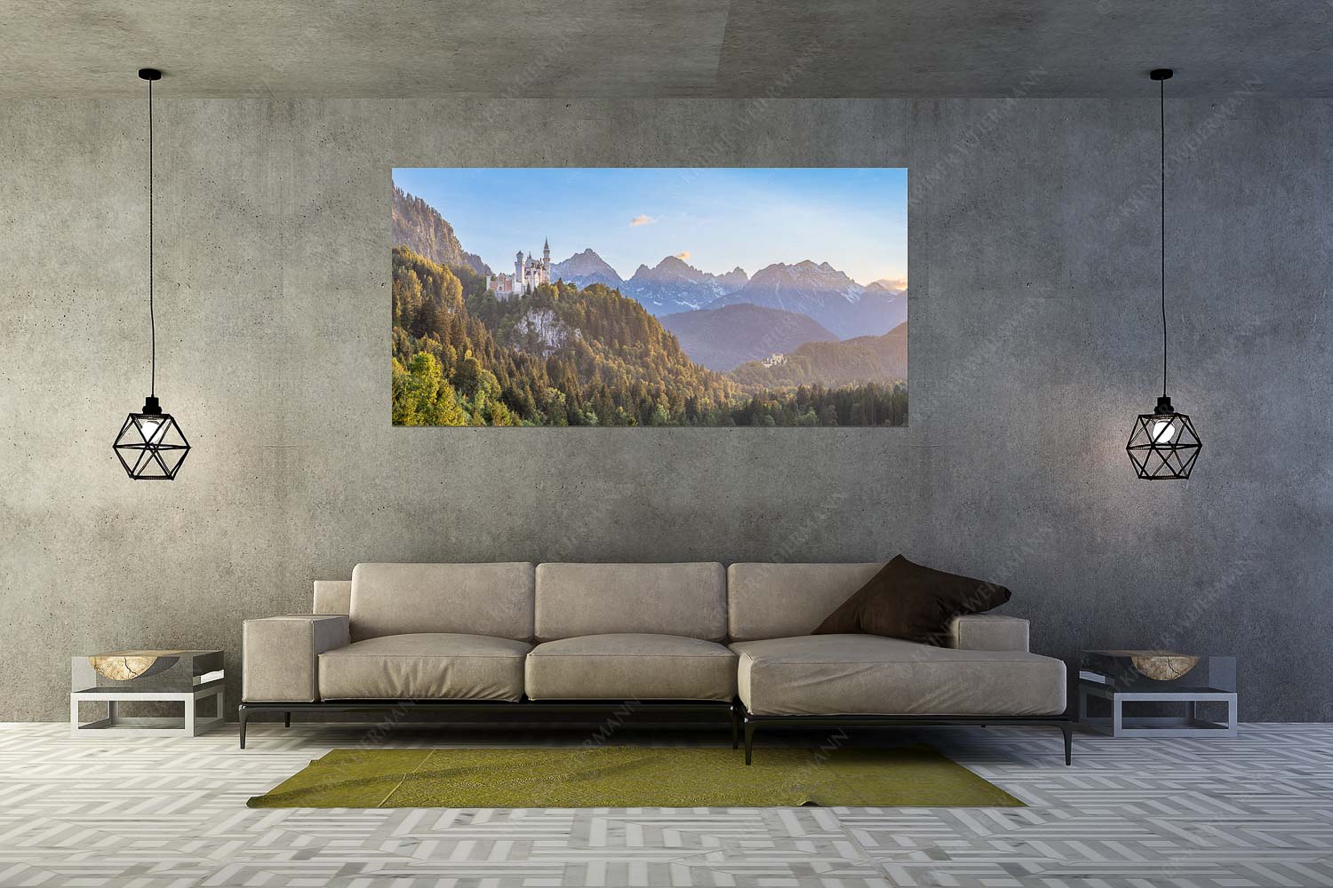 Königliche Landschaft – Wandbild – Größe ca. 200x100cm, Seitenverhältnis 2:1 — Schloss Neuschwanstein Schloss Neuschwanstein und Schloss Hohenschwangau bei Sonnenuntergang - Königliche Landschaft - Wandbild - Größe ca. 200x100cm, Seitenverhältnis 2:1 - Schloss Neuschwanstein - weitere Infos unter https://www.kriner-weiermann.de