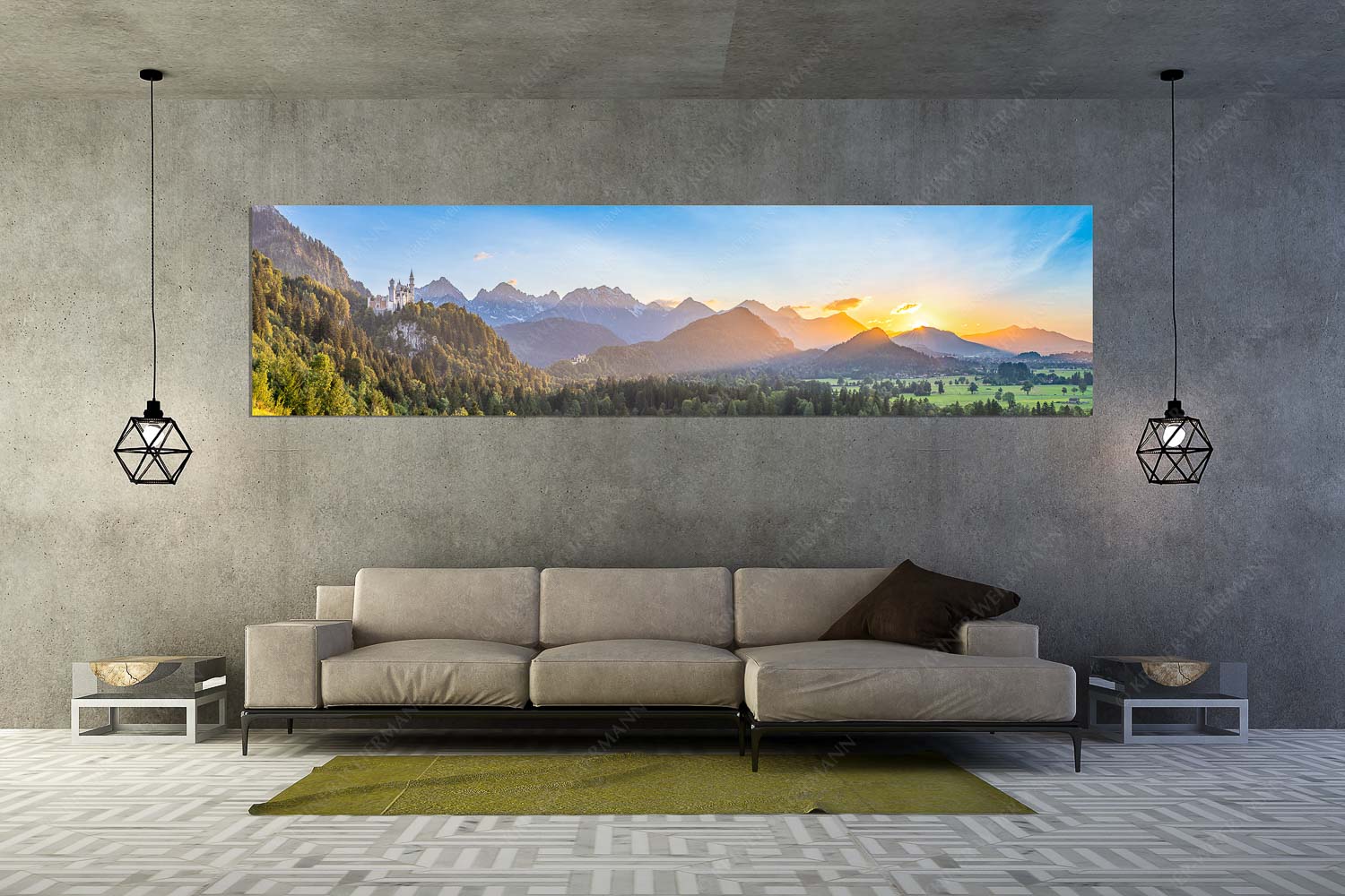 Königliche Landschaft – Wandbild – Größe ca. 320x80cm, Seitenverhältnis 4:1 — Schloss Neuschwanstein Schloss Neuschwanstein und Schloss Hohenschwangau bei Sonnenuntergang - Königliche Landschaft - Wandbild - Größe ca. 320x80cm, Seitenverhältnis 4:1 - Schloss Neuschwanstein - weitere Infos unter https://www.kriner-weiermann.de