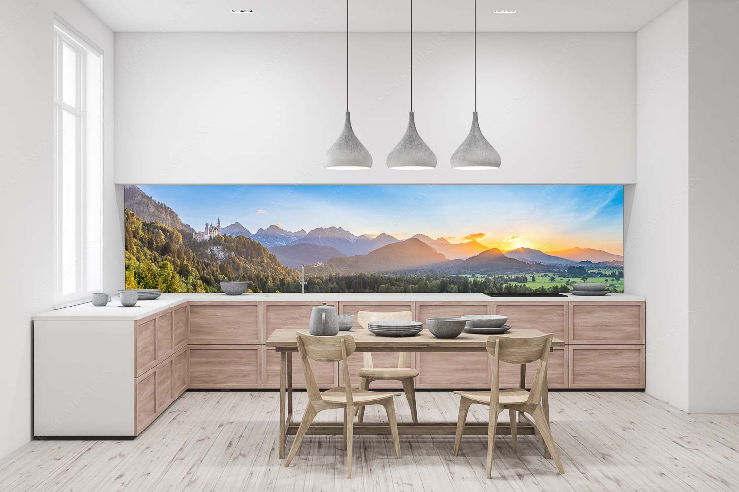 Königliche Landschaft – Küchenrückwand – Größe ca. 400x100cm, Seitenverhältnis 4:1 — Schloss Neuschwanstein Schloss Neuschwanstein und Schloss Hohenschwangau bei Sonnenuntergang - Königliche Landschaft - Küchenrückwand - Größe ca. 400x100cm, Seitenverhältnis 4:1 - Schloss Neuschwanstein - weitere Infos unter https://www.kriner-weiermann.de