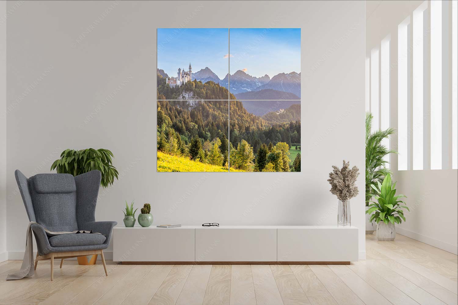 Königliche Landschaft – Wandbild – 4er Split, Größe ca. 180x180cm, Seitenverhältnis 1:1 — Schloss Neuschwanstein Schloss Neuschwanstein und Schloss Hohenschwangau bei Sonnenuntergang - Königliche Landschaft - Wandbild - 4er Split, Größe ca. 180x180cm, Seitenverhältnis 1:1 - Schloss Neuschwanstein - weitere Infos unter https://www.kriner-weiermann.de