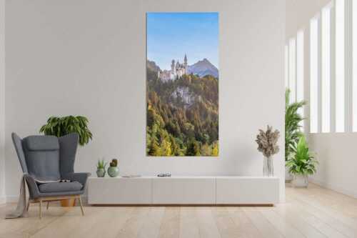 Schloss Neuschwanstein und Schloss Hohenschwangau bei Sonnenuntergang - Königliche Landschaft - Wandbild - Größe ca. 90x180cm, Seitenverhältnis 1:2 - Schloss Neuschwanstein - weitere Infos unter https://www.kriner-weiermann.de