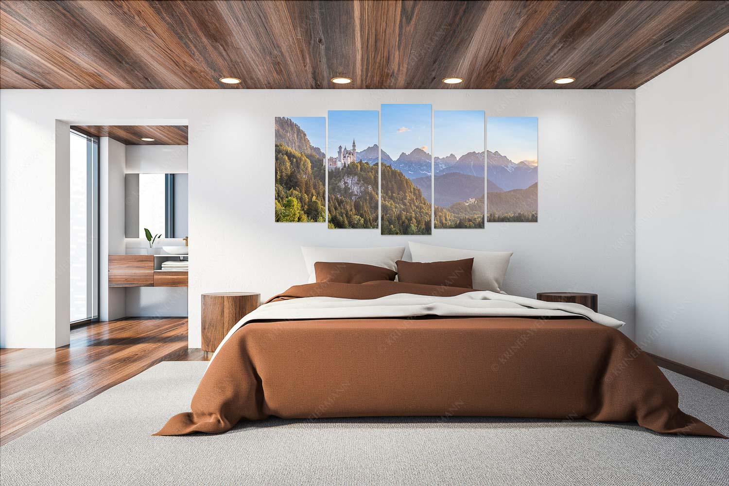 Königliche Landschaft – Wandbild – 5er Split, Größe ca. 200x100cm, Seitenverhältnis 2:1 — Schloss Neuschwanstein Schloss Neuschwanstein und Schloss Hohenschwangau bei Sonnenuntergang - Königliche Landschaft - Wandbild - 5er Split, Größe ca. 200x100cm, Seitenverhältnis 2:1 - Schloss Neuschwanstein - weitere Infos unter https://www.kriner-weiermann.de