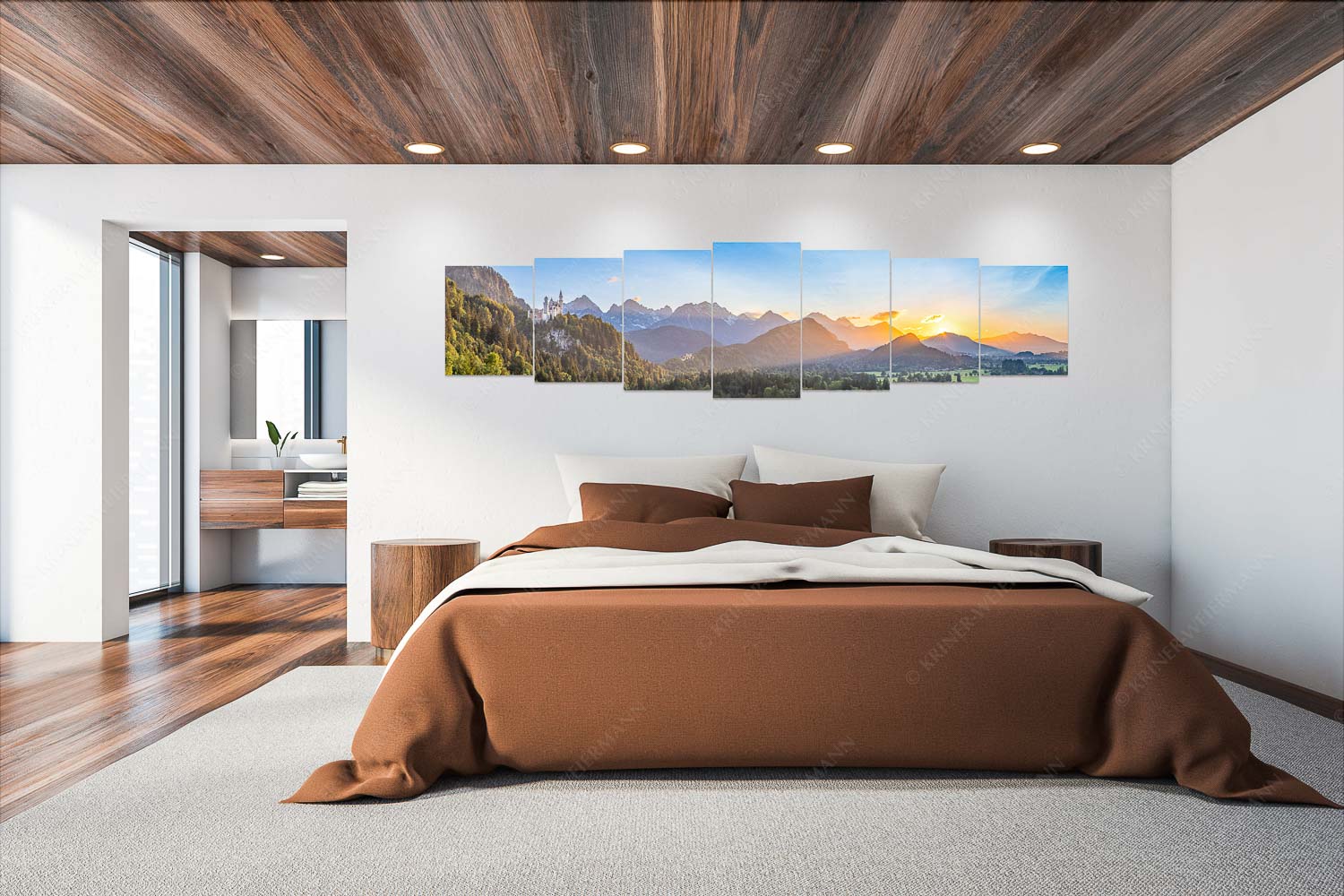 Königliche Landschaft – Wandbild – 7er Split, Größe ca. 300x75cm, Seitenverhältnis 4:1 — Schloss Neuschwanstein Schloss Neuschwanstein und Schloss Hohenschwangau bei Sonnenuntergang - Königliche Landschaft - Wandbild - 7er Split, Größe ca. 300x75cm, Seitenverhältnis 4:1 - Schloss Neuschwanstein - weitere Infos unter https://www.kriner-weiermann.de