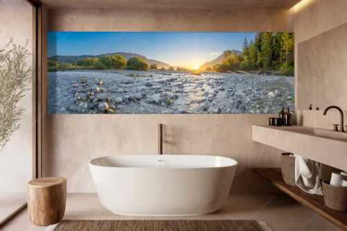 Blick über das Flussbett der Isar in den Sonnenaufgang am Karwendel - Rolling Stones - Wandbild - Größe ca. 300x100cm, Seitenverhältnis 3:1 - Isar Flussbett - weitere Infos unter https://www.kriner-weiermann.de