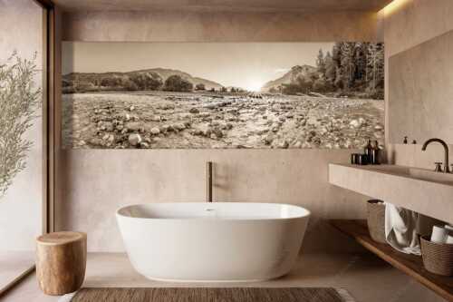 Blick über das Flussbett der Isar in den Sonnenaufgang am Karwendel - Rolling Stones - Wandbild - Größe ca. 300x100cm, Seitenverhältnis 3:1 - Isar Flussbett - weitere Infos unter https://www.kriner-weiermann.de