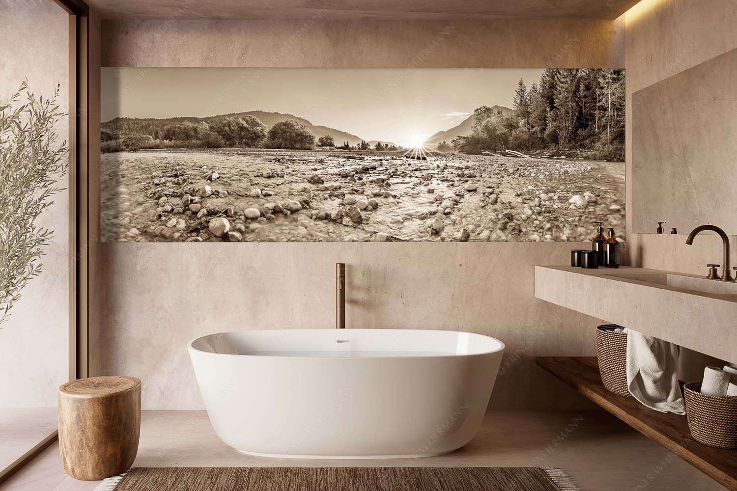 Blick über das Flussbett der Isar in den Sonnenaufgang am Karwendel - Rolling Stones - Wandbild - Größe ca. 300x100cm, Seitenverhältnis 3:1 - Isar Flussbett - weitere Infos unter https://www.kriner-weiermann.de