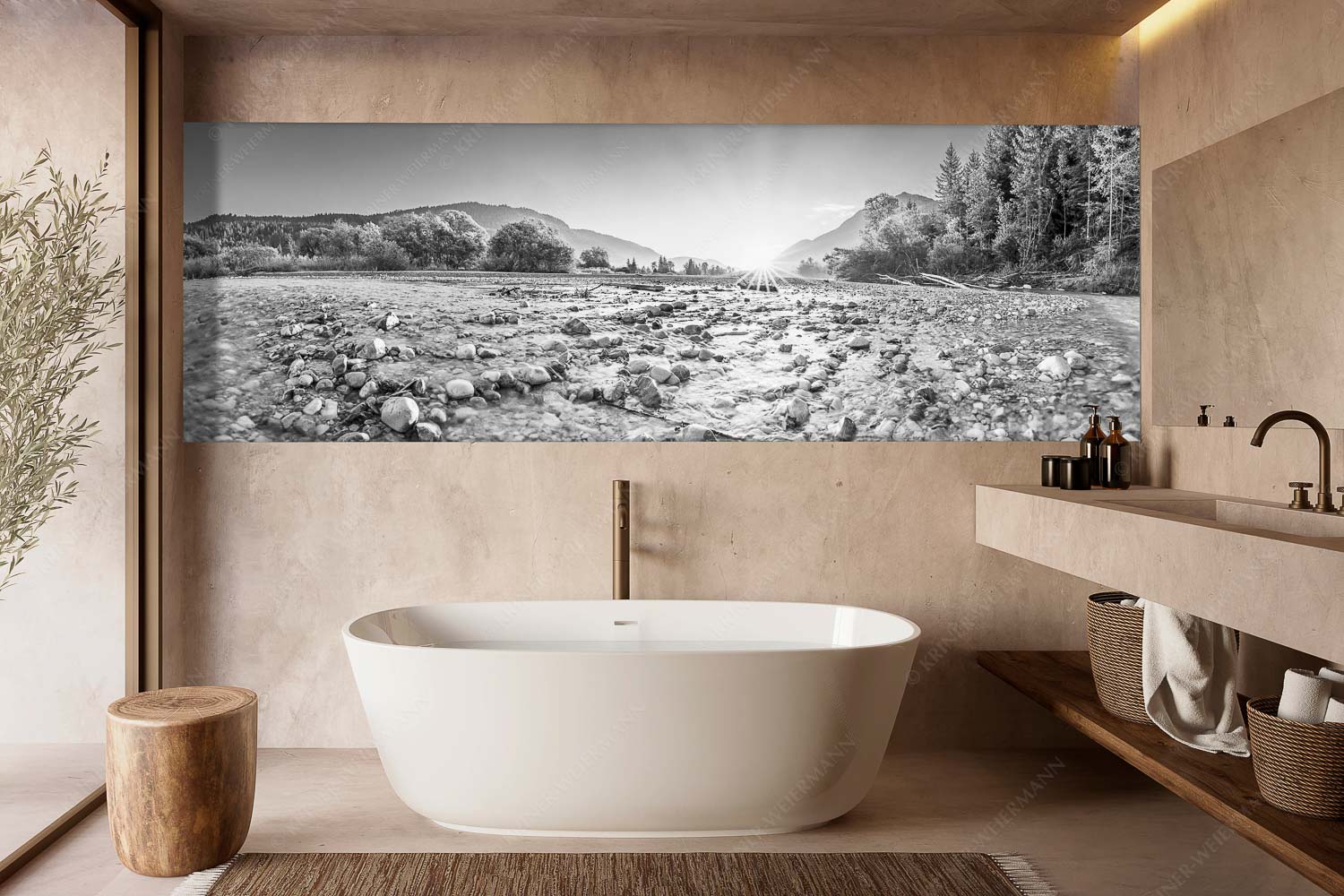 Blick über das Flussbett der Isar in den Sonnenaufgang am Karwendel - Rolling Stones - Wandbild - Größe ca. 300x100cm, Seitenverhältnis 3:1 - Isar Flussbett - weitere Infos unter https://www.kriner-weiermann.de