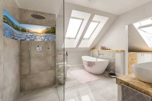 Blick über das Flussbett der Isar in den Sonnenaufgang am Karwendel - Rolling Stones - LED-Leuchtbild - 2-Teilig, Größe ca. 240x60cm, Seitenverhältnis 4:1 - Isar Flussbett - weitere Infos unter https://www.kriner-weiermann.de