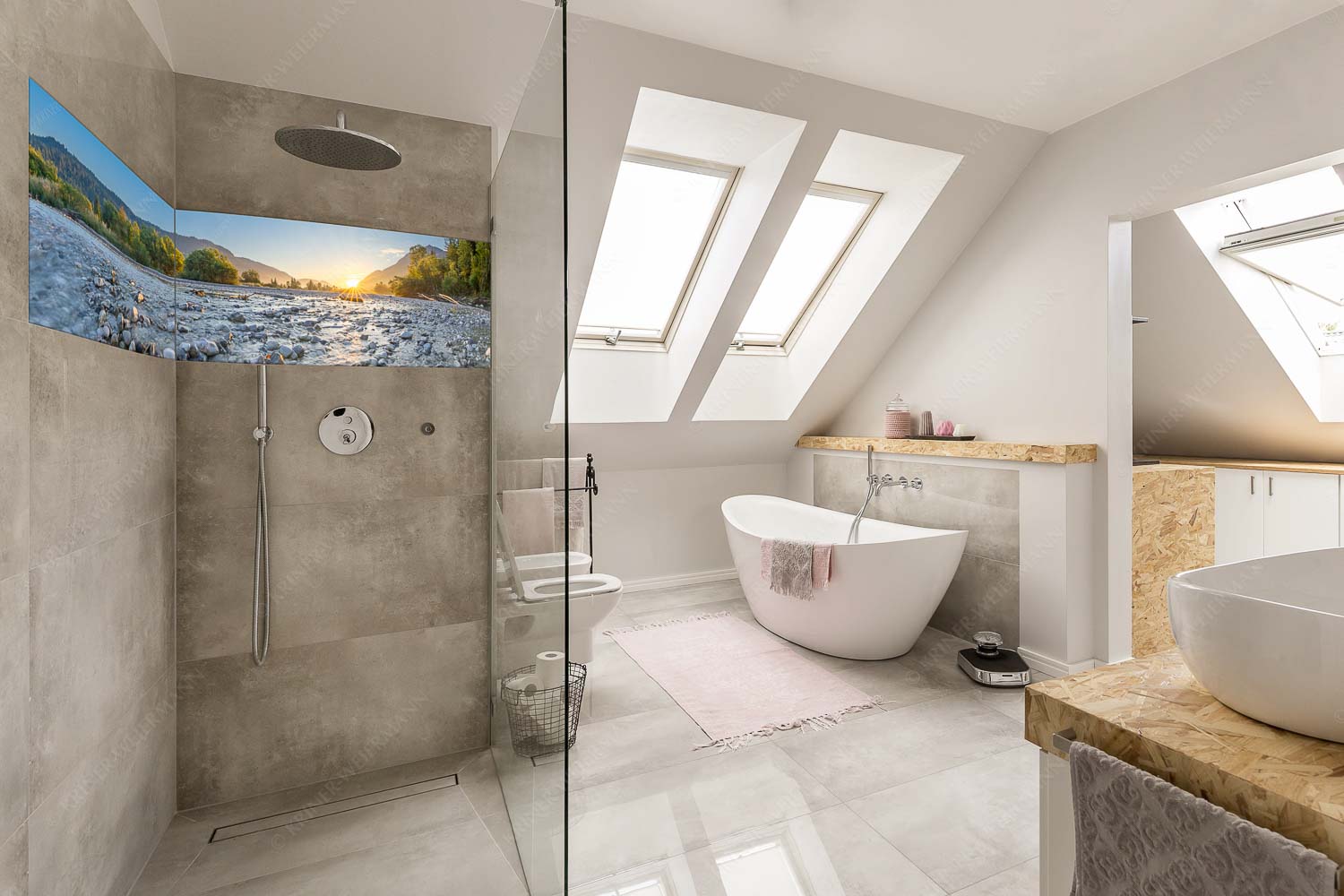 Blick über das Flussbett der Isar in den Sonnenaufgang am Karwendel - Rolling Stones - LED-Leuchtbild - 2-Teilig, Größe ca. 240x60cm, Seitenverhältnis 4:1 - Isar Flussbett - weitere Infos unter https://www.kriner-weiermann.de