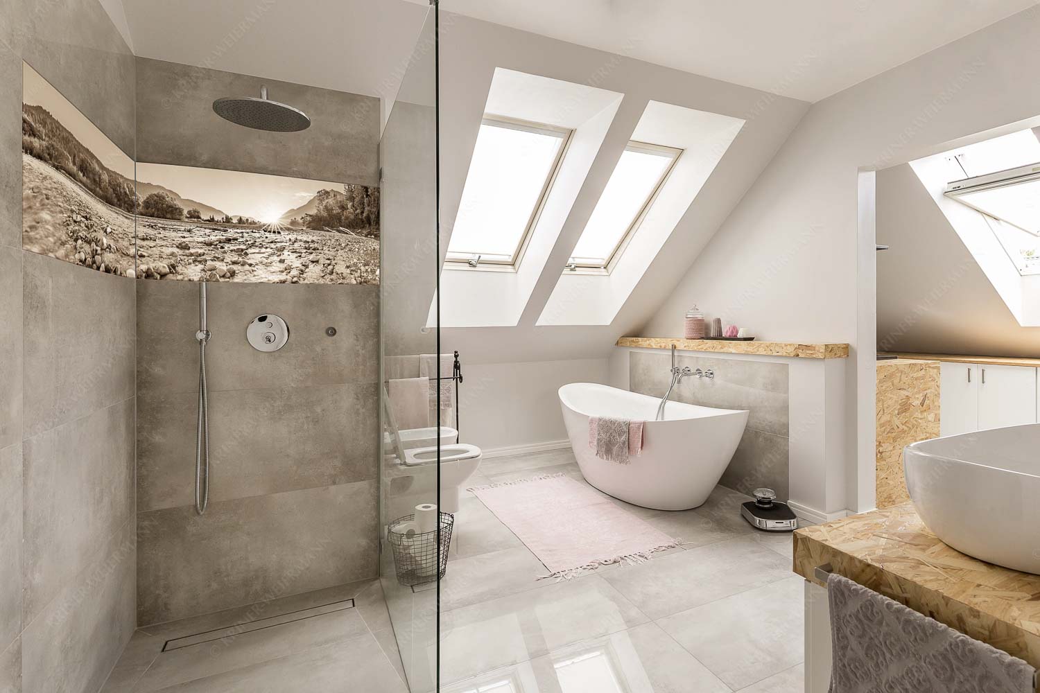 Blick über das Flussbett der Isar in den Sonnenaufgang am Karwendel - Rolling Stones - LED-Leuchtbild - 2-Teilig, Größe ca. 240x60cm, Seitenverhältnis 4:1 - Isar Flussbett - weitere Infos unter https://www.kriner-weiermann.de