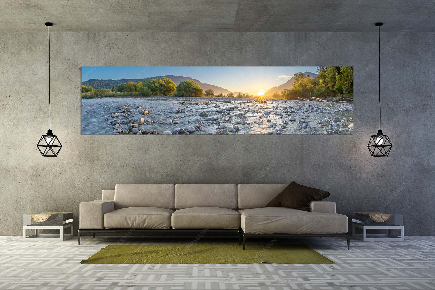 Rolling Stones – Wandbild – Größe ca. 320x80cm, Seitenverhältnis 4:1 — Isar Flussbett Blick über das Flussbett der Isar in den Sonnenaufgang am Karwendel - Rolling Stones - Wandbild - Größe ca. 320x80cm, Seitenverhältnis 4:1 - Isar Flussbett - weitere Infos unter https://www.kriner-weiermann.de