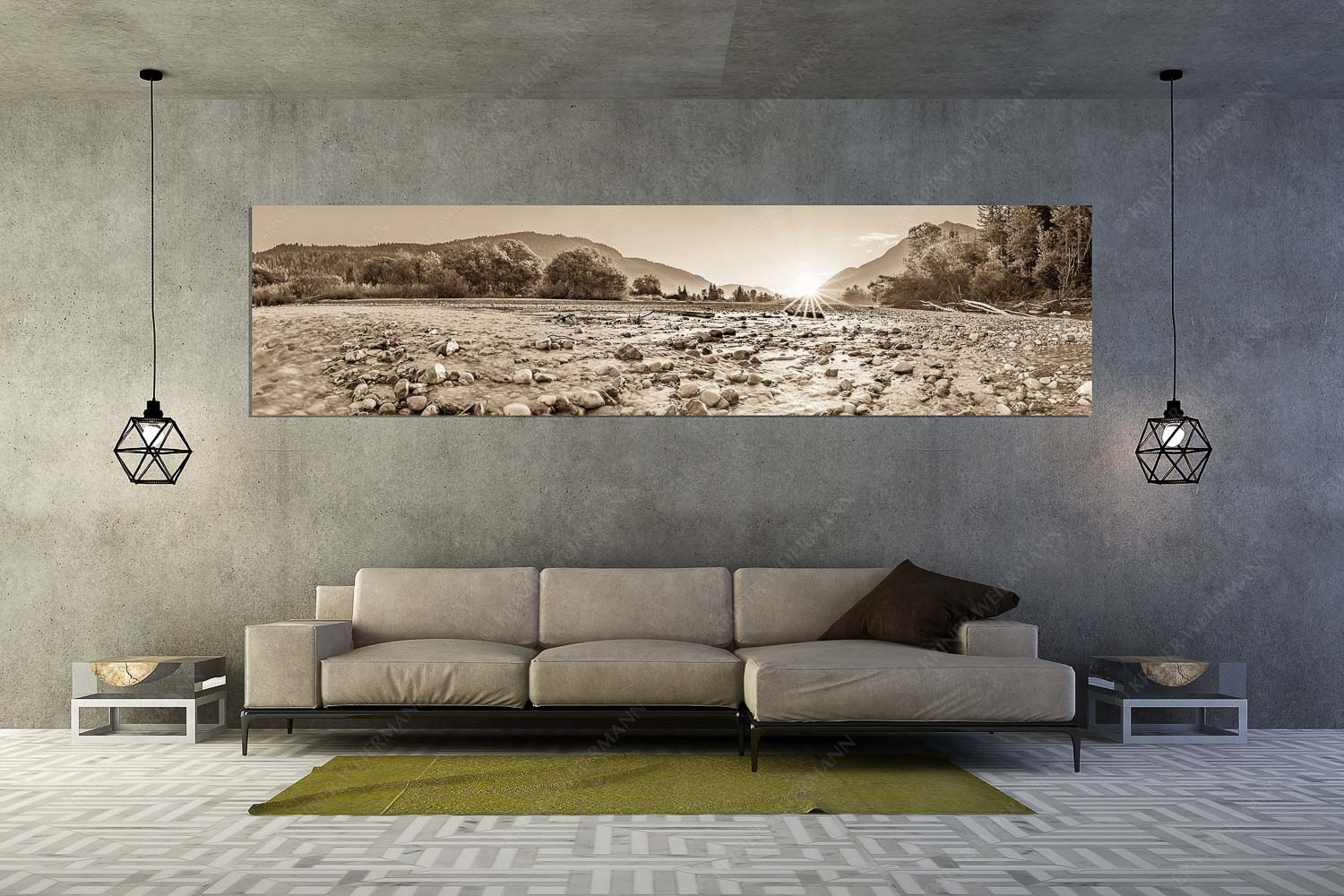 Rolling Stones – Wandbild – Größe ca. 320x80cm, Seitenverhältnis 4:1 — Isar Flussbett Blick über das Flussbett der Isar in den Sonnenaufgang am Karwendel - Rolling Stones - Wandbild - Größe ca. 320x80cm, Seitenverhältnis 4:1 - Isar Flussbett - weitere Infos unter https://www.kriner-weiermann.de