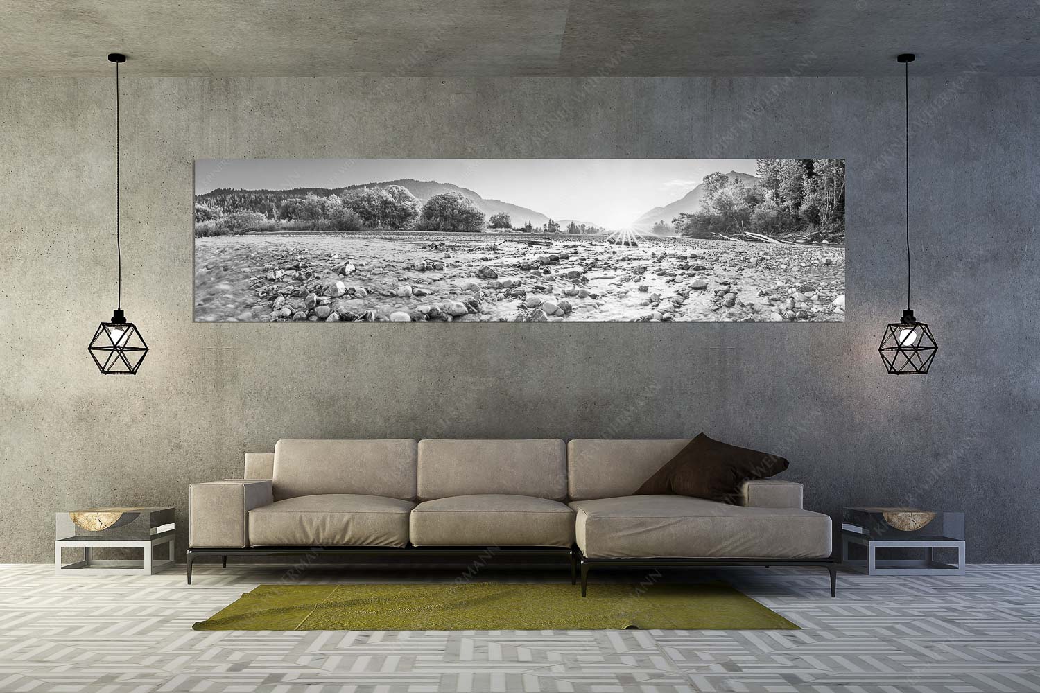 Rolling Stones – Wandbild – Größe ca. 320x80cm, Seitenverhältnis 4:1 — Isar Flussbett Blick über das Flussbett der Isar in den Sonnenaufgang am Karwendel - Rolling Stones - Wandbild - Größe ca. 320x80cm, Seitenverhältnis 4:1 - Isar Flussbett - weitere Infos unter https://www.kriner-weiermann.de