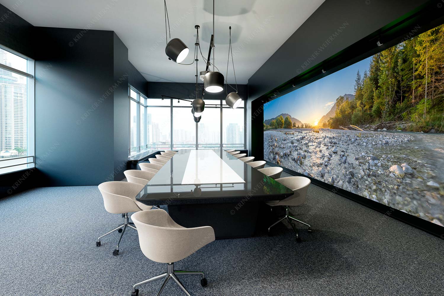 Rolling Stones – Akustikbild – Größe ca. 600x200cm, Seitenverhältnis 3:1 — Isar Flussbett Blick über das Flussbett der Isar in den Sonnenaufgang am Karwendel - Rolling Stones - Akustikbild - Größe ca. 600x200cm, Seitenverhältnis 3:1 - Isar Flussbett - weitere Infos unter https://www.kriner-weiermann.de