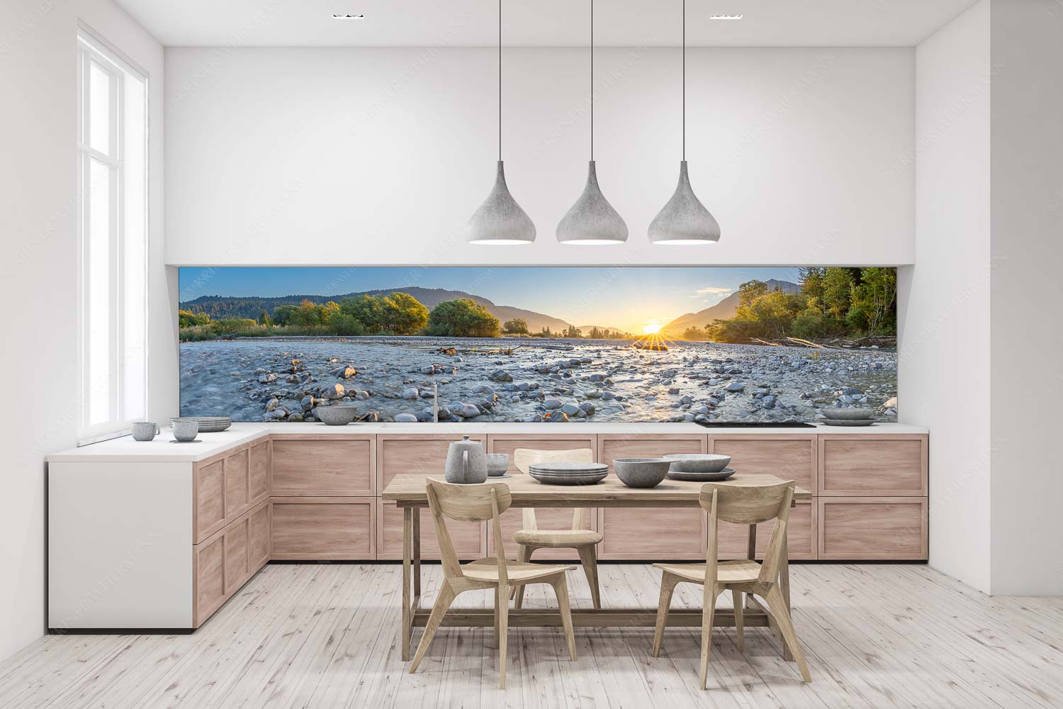 Rolling Stones – Küchenrückwand – Größe ca. 400x100cm, Seitenverhältnis 4:1 — Isar Flussbett Blick über das Flussbett der Isar in den Sonnenaufgang am Karwendel - Rolling Stones - Küchenrückwand - Größe ca. 400x100cm, Seitenverhältnis 4:1 - Isar Flussbett - weitere Infos unter https://www.kriner-weiermann.de