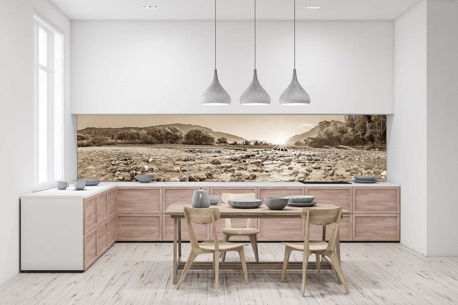 Rolling Stones – Küchenrückwand – Größe ca. 400x100cm, Seitenverhältnis 4:1 — Isar Flussbett Blick über das Flussbett der Isar in den Sonnenaufgang am Karwendel - Rolling Stones - Küchenrückwand - Größe ca. 400x100cm, Seitenverhältnis 4:1 - Isar Flussbett - weitere Infos unter https://www.kriner-weiermann.de