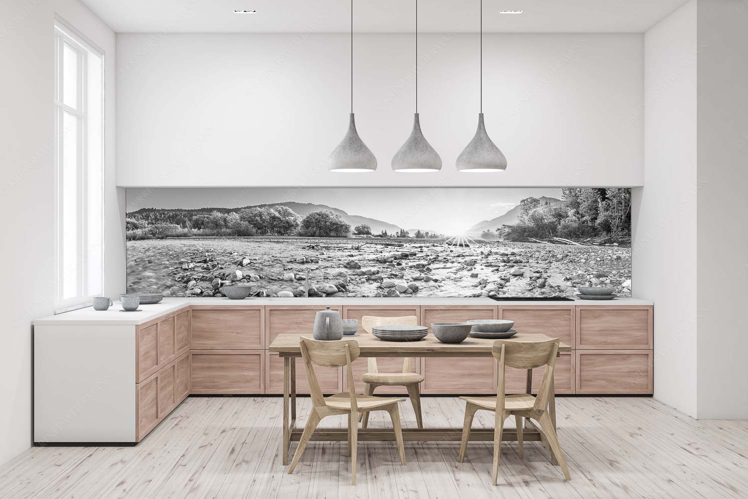 Rolling Stones – Küchenrückwand – Größe ca. 400x100cm, Seitenverhältnis 4:1 — Isar Flussbett Blick über das Flussbett der Isar in den Sonnenaufgang am Karwendel - Rolling Stones - Küchenrückwand - Größe ca. 400x100cm, Seitenverhältnis 4:1 - Isar Flussbett - weitere Infos unter https://www.kriner-weiermann.de