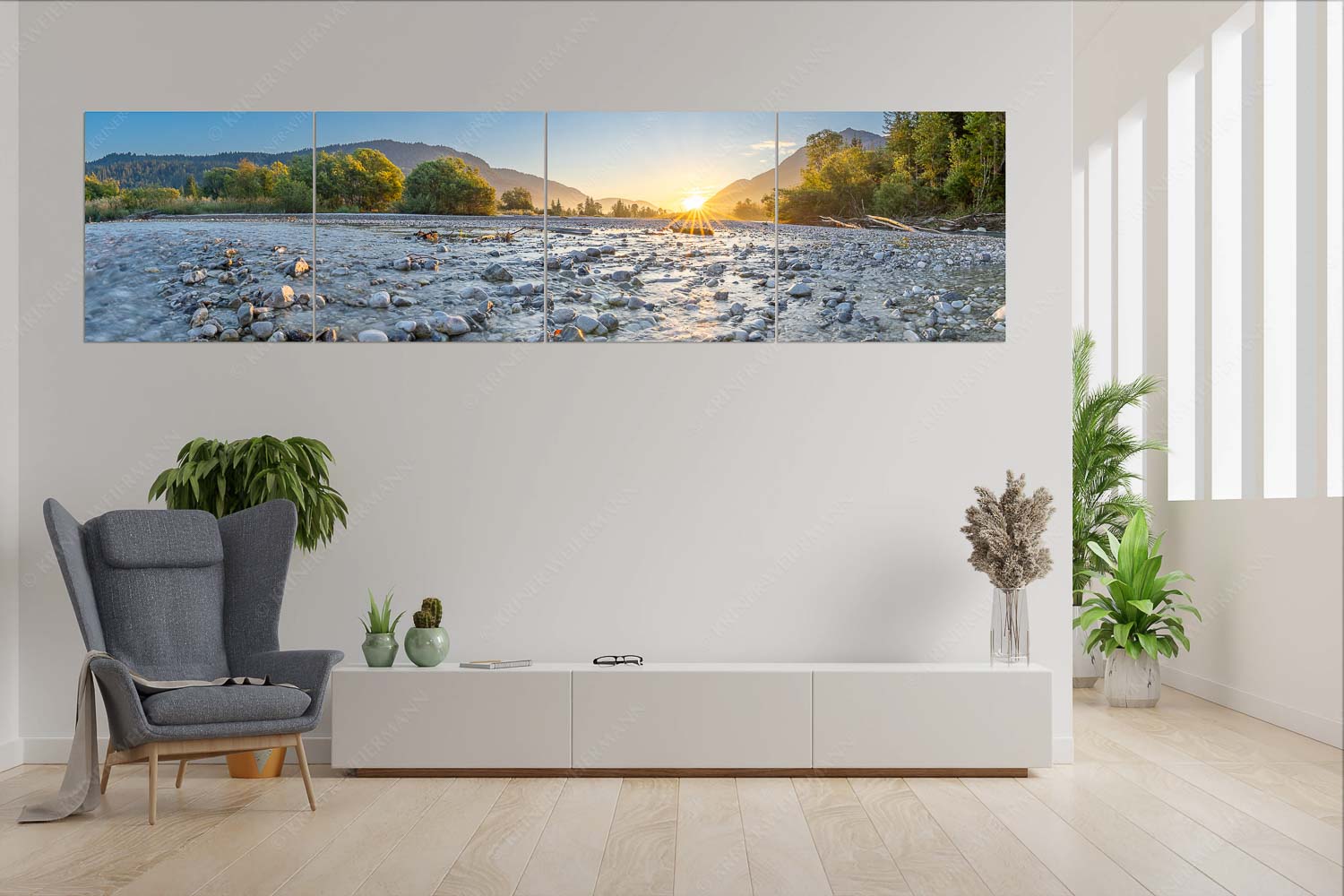 Rolling Stones – Wandbild – 4er Split, Größe ca. 280x70cm, Seitenverhältnis 4:1 — Isar Flussbett Blick über das Flussbett der Isar in den Sonnenaufgang am Karwendel - Rolling Stones - Wandbild - 4er Split, Größe ca. 280x70cm, Seitenverhältnis 4:1 - Isar Flussbett - weitere Infos unter https://www.kriner-weiermann.de