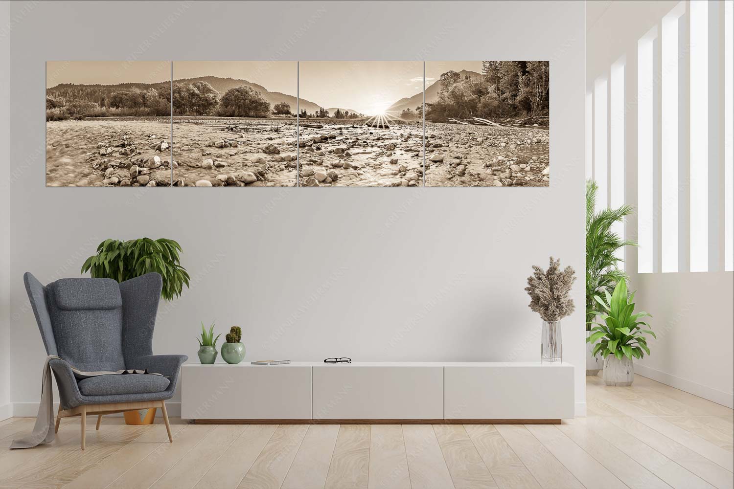 Rolling Stones – Wandbild – 4er Split, Größe ca. 280x70cm, Seitenverhältnis 4:1 — Isar Flussbett Blick über das Flussbett der Isar in den Sonnenaufgang am Karwendel - Rolling Stones - Wandbild - 4er Split, Größe ca. 280x70cm, Seitenverhältnis 4:1 - Isar Flussbett - weitere Infos unter https://www.kriner-weiermann.de