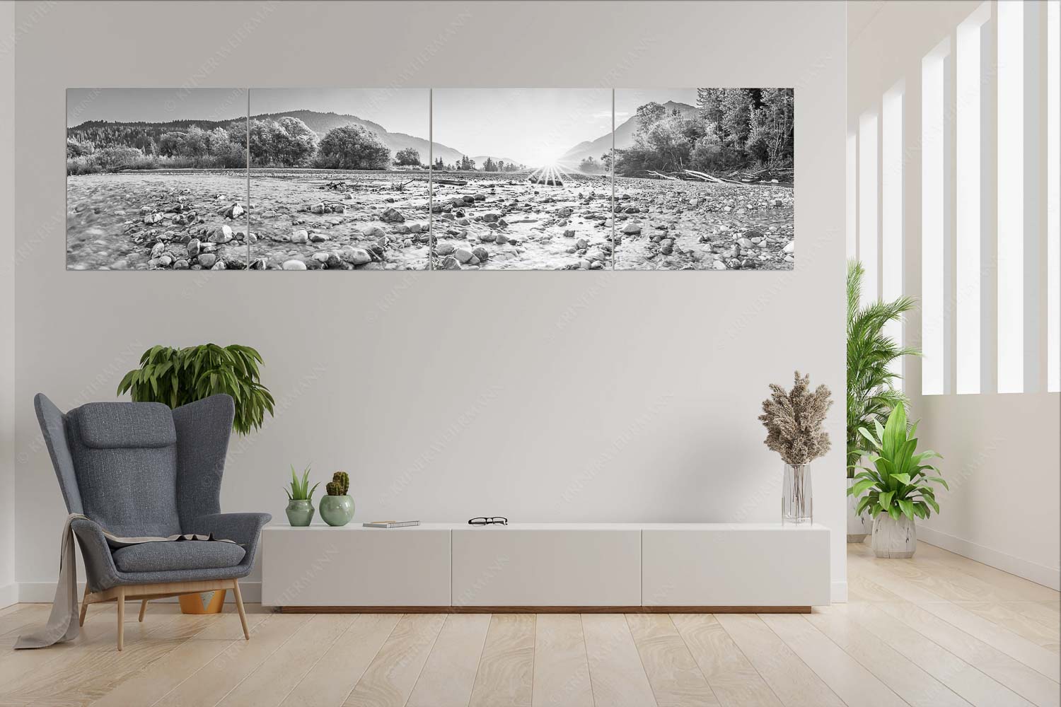 Rolling Stones – Wandbild – 4er Split, Größe ca. 280x70cm, Seitenverhältnis 4:1 — Isar Flussbett Blick über das Flussbett der Isar in den Sonnenaufgang am Karwendel - Rolling Stones - Wandbild - 4er Split, Größe ca. 280x70cm, Seitenverhältnis 4:1 - Isar Flussbett - weitere Infos unter https://www.kriner-weiermann.de