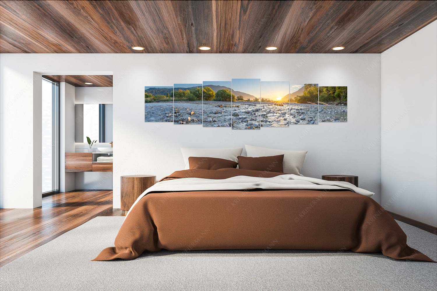 Rolling Stones – Wandbild – 7er Split, Größe ca. 300x75cm, Seitenverhältnis 4:1 — Isar Flussbett Blick über das Flussbett der Isar in den Sonnenaufgang am Karwendel - Rolling Stones - Wandbild - 7er Split, Größe ca. 300x75cm, Seitenverhältnis 4:1 - Isar Flussbett - weitere Infos unter https://www.kriner-weiermann.de