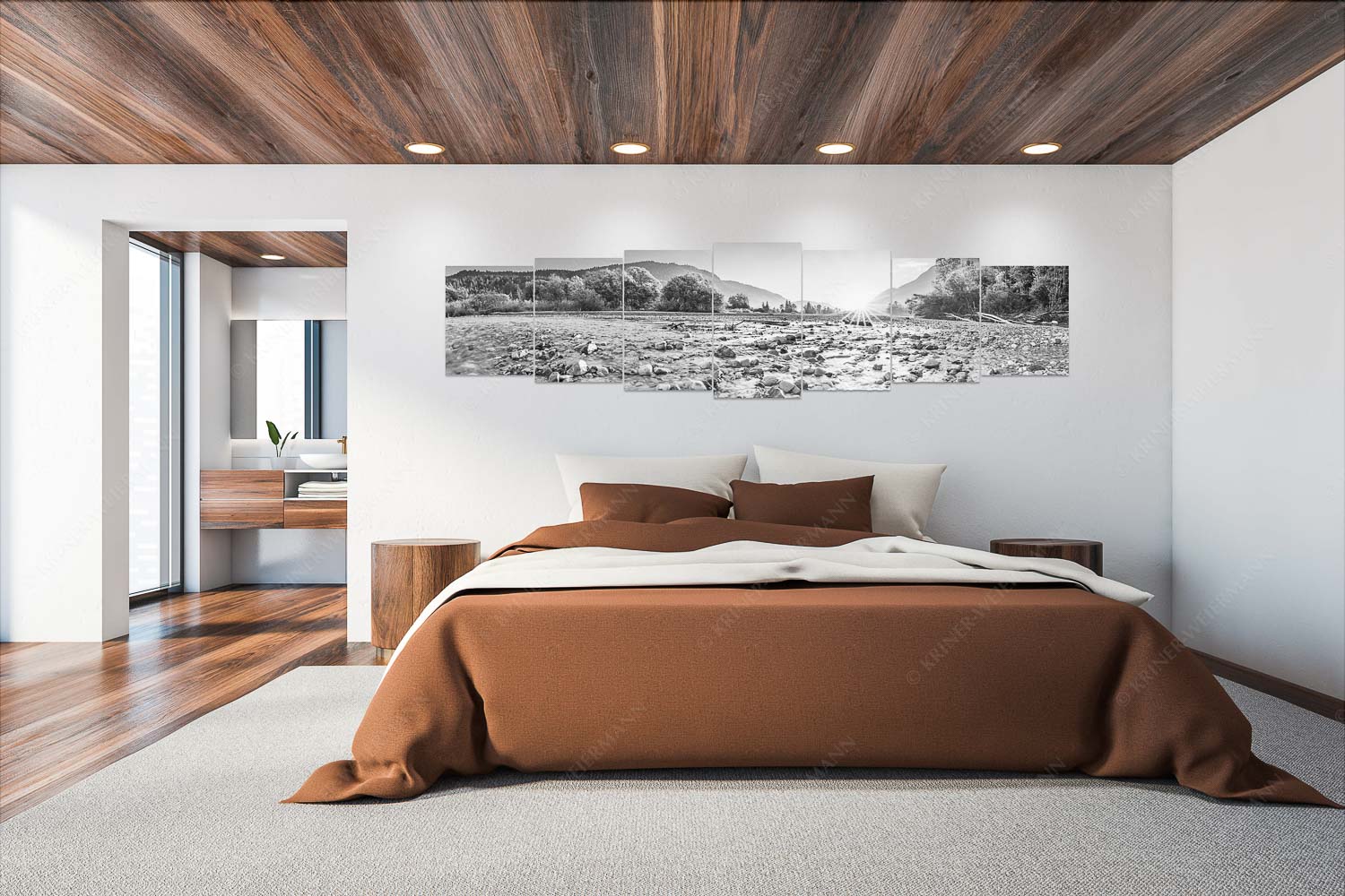 Rolling Stones – Wandbild – 7er Split, Größe ca. 300x75cm, Seitenverhältnis 4:1 — Isar Flussbett Blick über das Flussbett der Isar in den Sonnenaufgang am Karwendel - Rolling Stones - Wandbild - 7er Split, Größe ca. 300x75cm, Seitenverhältnis 4:1 - Isar Flussbett - weitere Infos unter https://www.kriner-weiermann.de