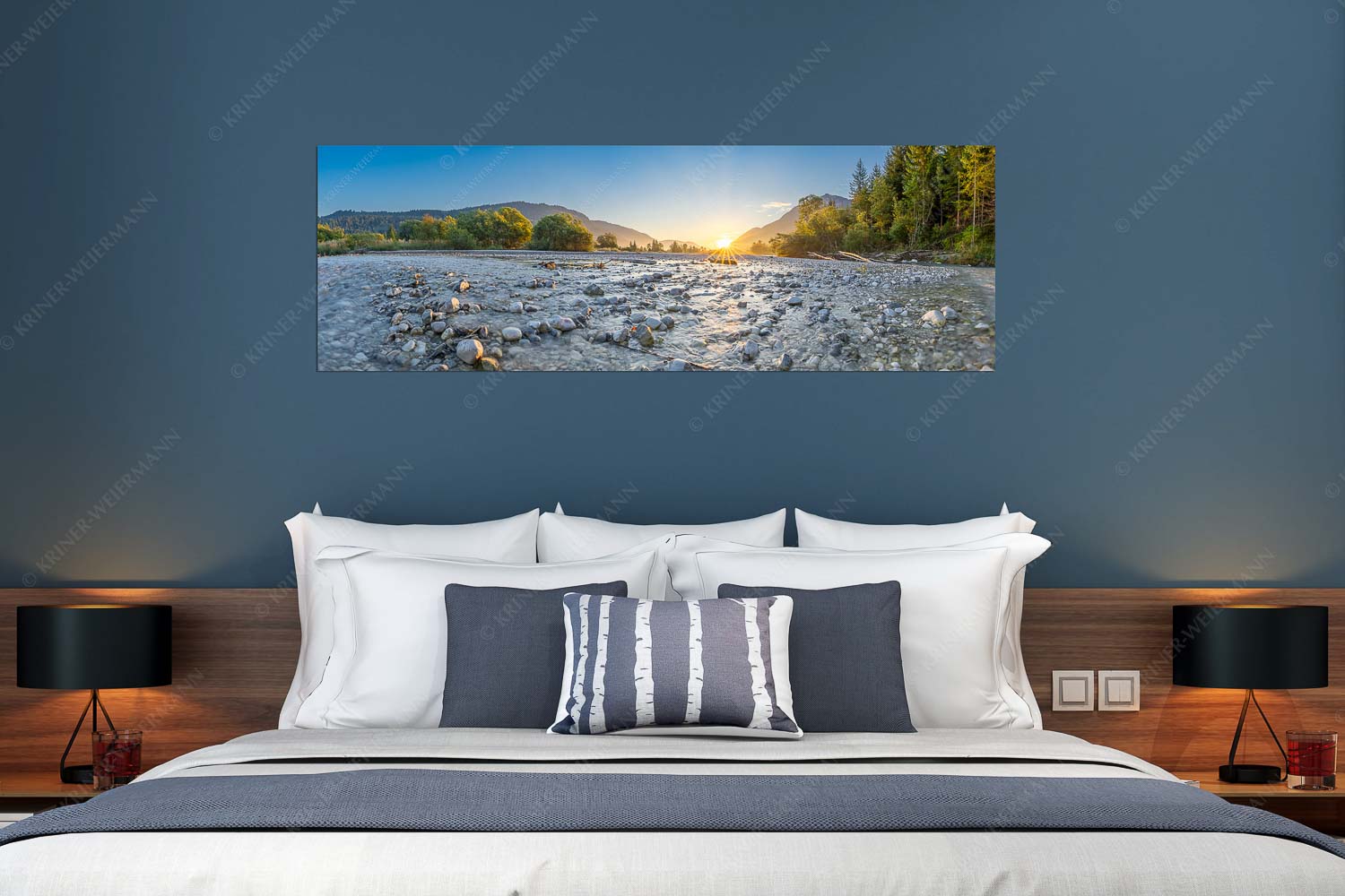 Rolling Stones – Wandbild – Größe ca. 180x60cm, Seitenverhältnis 3:1 — Isar Flussbett Blick über das Flussbett der Isar in den Sonnenaufgang am Karwendel - Rolling Stones - Wandbild - Größe ca. 180x60cm, Seitenverhältnis 3:1 - Isar Flussbett - weitere Infos unter https://www.kriner-weiermann.de