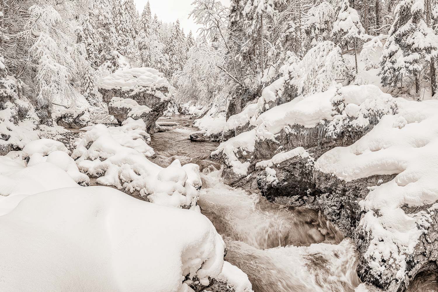 Der verschneite Rissbach zwischen Vorder- und Hinterriß