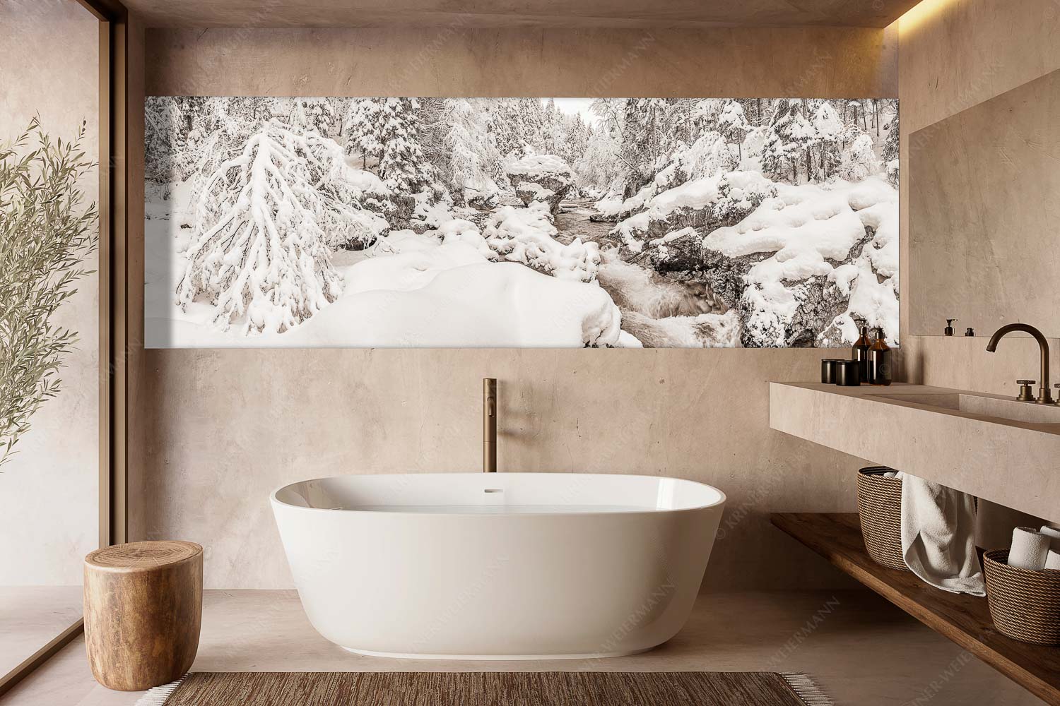 Stein der Weisen – Wandbild – Größe ca. 300x100cm, Seitenverhältnis 3:1 — Rissbach im Karwendel Der verschneite Rissbach zwischen Vorder- und Hinterriß - Stein der Weisen - Wandbild - Größe ca. 300x100cm, Seitenverhältnis 3:1 - Rissbach im Karwendel - weitere Infos unter https://www.kriner-weiermann.de