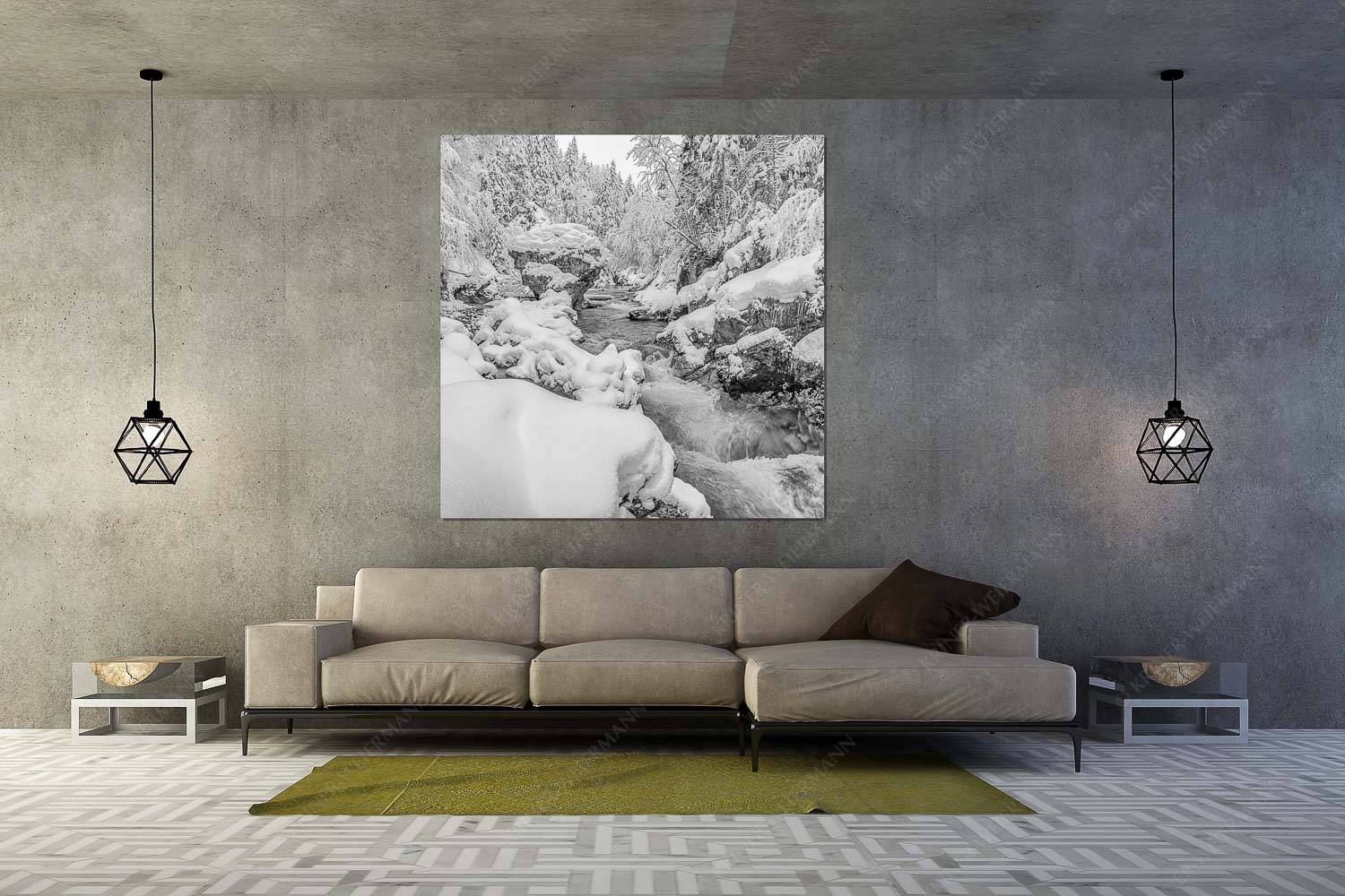 Stein der Weisen – Wandbild – Größe ca. 160x160cm, Seitenverhältnis 1:1 — Rissbach im Karwendel Der verschneite Rissbach zwischen Vorder- und Hinterriß - Stein der Weisen - Wandbild - Größe ca. 160x160cm, Seitenverhältnis 1:1 - Rissbach im Karwendel - weitere Infos unter https://www.kriner-weiermann.de