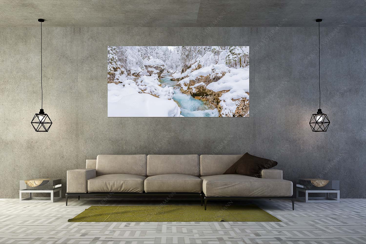 Der verschneite Rissbach zwischen Vorder- und Hinterriß - Stein der Weisen - Wandbild - Größe ca. 200x100cm, Seitenverhältnis 2:1 - Rissbach im Karwendel - weitere Infos unter https://www.kriner-weiermann.de