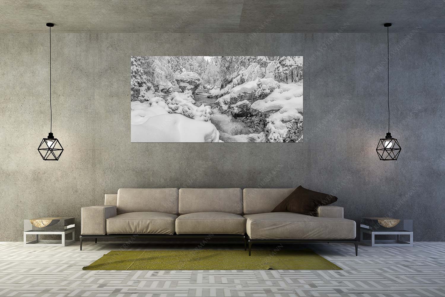 Stein der Weisen – Wandbild – Größe ca. 200x100cm, Seitenverhältnis 2:1 — Rissbach im Karwendel Der verschneite Rissbach zwischen Vorder- und Hinterriß - Stein der Weisen - Wandbild - Größe ca. 200x100cm, Seitenverhältnis 2:1 - Rissbach im Karwendel - weitere Infos unter https://www.kriner-weiermann.de