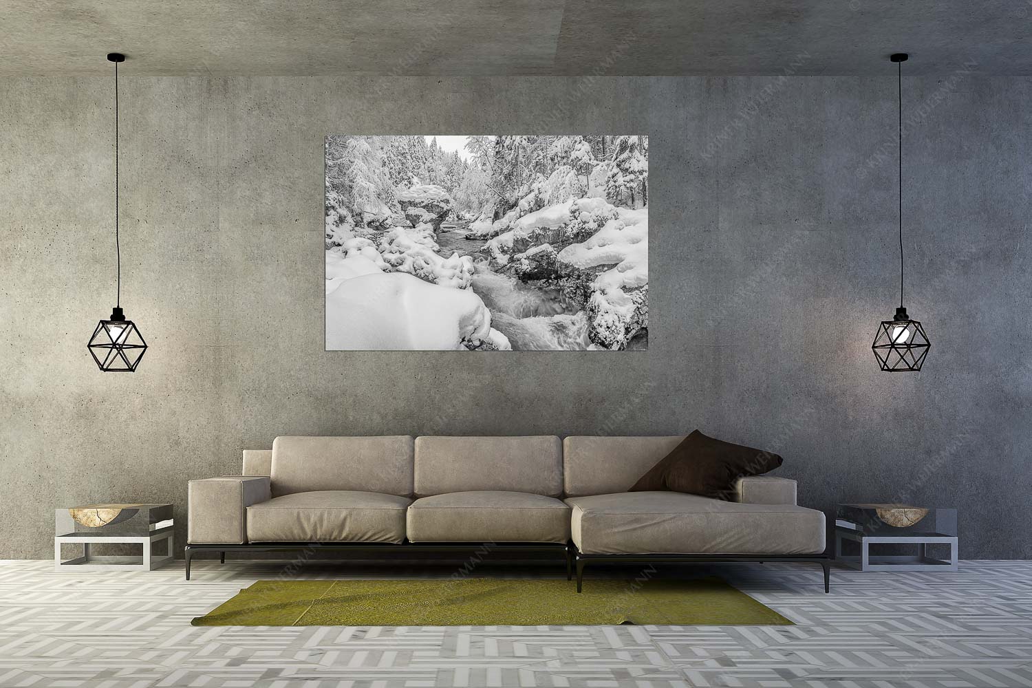 Stein der Weisen – Wandbild – Größe ca. 180x120cm, Seitenverhältnis 3:2 — Rissbach im Karwendel Der verschneite Rissbach zwischen Vorder- und Hinterriß - Stein der Weisen - Wandbild - Größe ca. 180x120cm, Seitenverhältnis 3:2 - Rissbach im Karwendel - weitere Infos unter https://www.kriner-weiermann.de