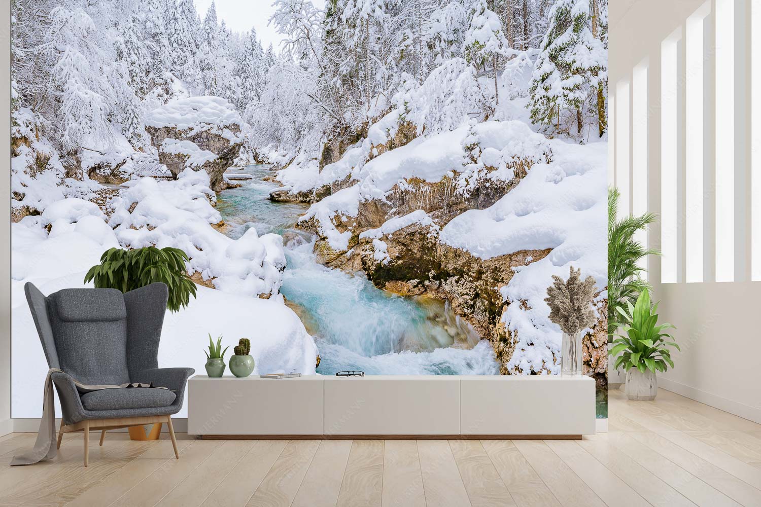 Stein der Weisen – Fototapete – Größe ca. 300x200cm, Seitenverhältnis 3:2 — Rissbach im Karwendel Der verschneite Rissbach zwischen Vorder- und Hinterriß - Stein der Weisen - Fototapete - Größe ca. 300x200cm, Seitenverhältnis 3:2 - Rissbach im Karwendel - weitere Infos unter https://www.kriner-weiermann.de