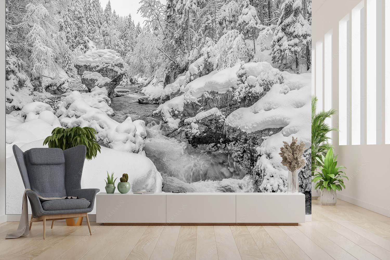 Stein der Weisen – Fototapete – Größe ca. 300x200cm, Seitenverhältnis 3:2 — Rissbach im Karwendel Der verschneite Rissbach zwischen Vorder- und Hinterriß - Stein der Weisen - Fototapete - Größe ca. 300x200cm, Seitenverhältnis 3:2 - Rissbach im Karwendel - weitere Infos unter https://www.kriner-weiermann.de