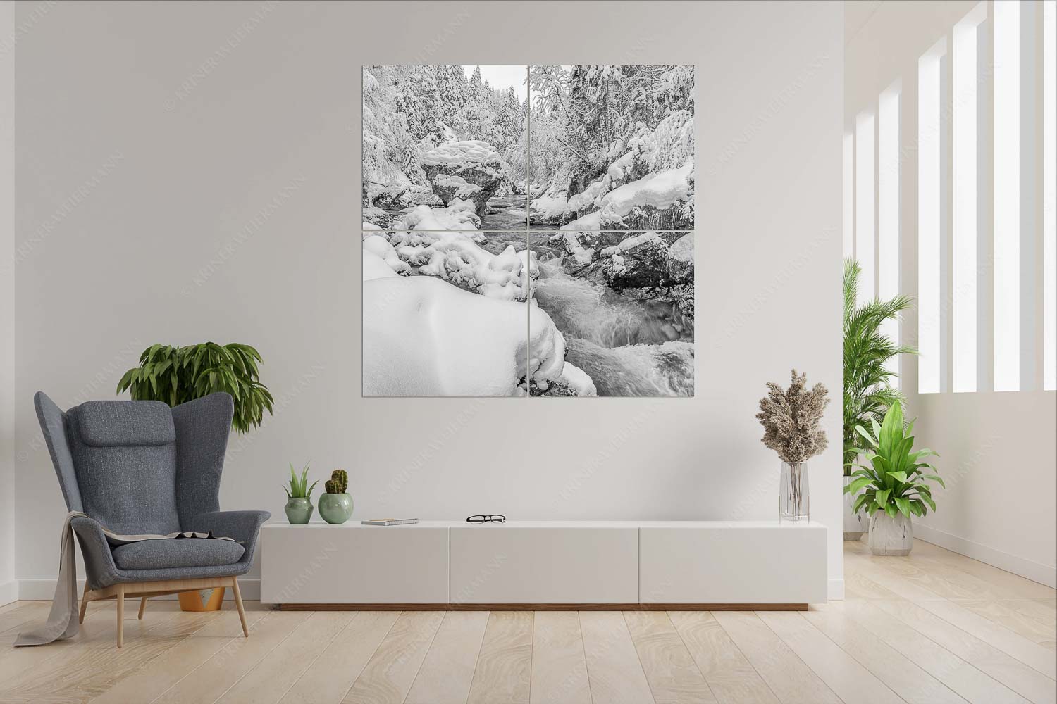 Stein der Weisen – Wandbild – 4er Split, Größe ca. 180x180cm, Seitenverhältnis 1:1 — Rissbach im Karwendel Der verschneite Rissbach zwischen Vorder- und Hinterriß - Stein der Weisen - Wandbild - 4er Split, Größe ca. 180x180cm, Seitenverhältnis 1:1 - Rissbach im Karwendel - weitere Infos unter https://www.kriner-weiermann.de