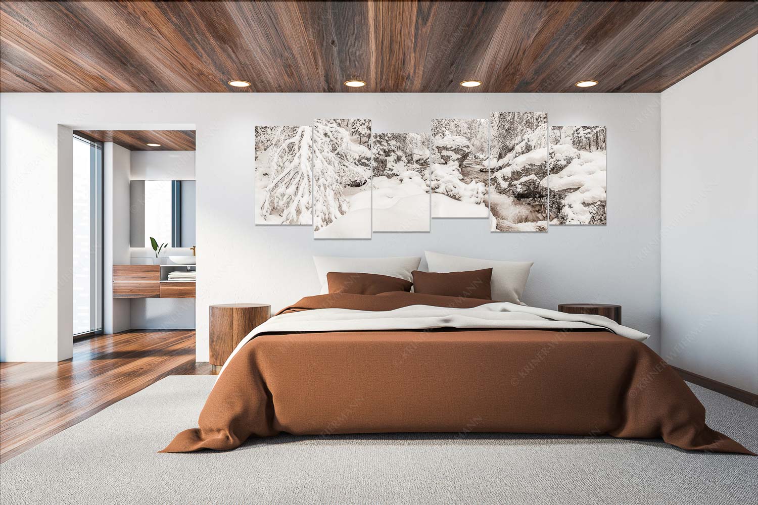 Stein der Weisen – Wandbild – 6er Split, Größe ca. 280x112cm, Seitenverhältnis 2,5:1 — Rissbach im Karwendel Der verschneite Rissbach zwischen Vorder- und Hinterriß - Stein der Weisen - Wandbild - 6er Split, Größe ca. 280x112cm, Seitenverhältnis 2,5:1 - Rissbach im Karwendel - weitere Infos unter https://www.kriner-weiermann.de