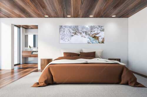 Der verschneite Rissbach zwischen Vorder- und Hinterriß - Stein der Weisen - Wandbild - Größe ca. 200x80cm, Seitenverhältnis 2,5:1 - Rissbach im Karwendel - weitere Infos unter https://www.kriner-weiermann.de