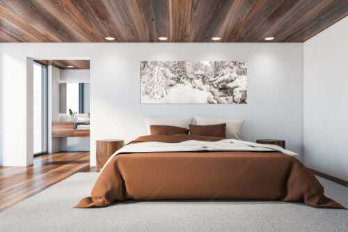 Der verschneite Rissbach zwischen Vorder- und Hinterriß - Stein der Weisen - Wandbild - Größe ca. 200x80cm, Seitenverhältnis 2,5:1 - Rissbach im Karwendel - weitere Infos unter https://www.kriner-weiermann.de