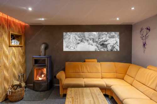 Der verschneite Rissbach zwischen Vorder- und Hinterriß - Stein der Weisen - Wandbild - Größe ca. 180x60cm, Seitenverhältnis 3:1 - Rissbach im Karwendel - weitere Infos unter https://www.kriner-weiermann.de