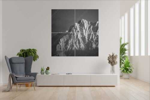 Winterlicher Wörner im Karwendel bei Sonnenuntergang - Alaska Style - Wandbild - 4er Split, Größe ca. 180x180cm, Seitenverhältnis 1:1 - Karwendel-Wörner - weitere Infos unter https://www.kriner-weiermann.de