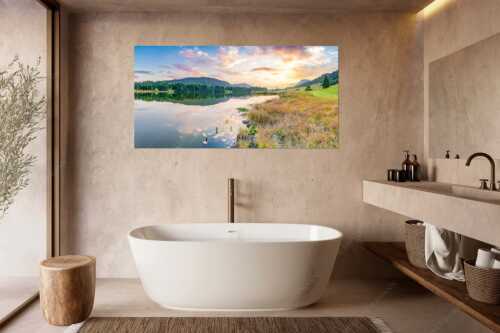 Sonnenuntergang am Geroldsee mit Wettertstein und Wank - Harmonie - Wandbild - Größe ca. 180x90cm, Seitenverhältnis 2: - Abendstimmung am Geroldsee - weitere Infos unter https://www.kriner-weiermann.de