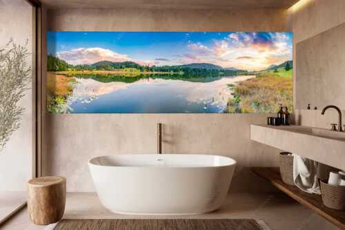 Sonnenuntergang am Geroldsee mit Wettertstein und Wank - Harmonie - Wandbild - Größe ca. 300x100cm, Seitenverhältnis 3:1 - Abendstimmung am Geroldsee - weitere Infos unter https://www.kriner-weiermann.de