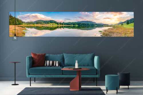 Sonnenuntergang am Geroldsee mit Wettertstein und Wank - Harmonie - Wandbild - Größe ca. 350x70cm, Seitenverhältnis 5: - Abendstimmung am Geroldsee - weitere Infos unter https://www.kriner-weiermann.de