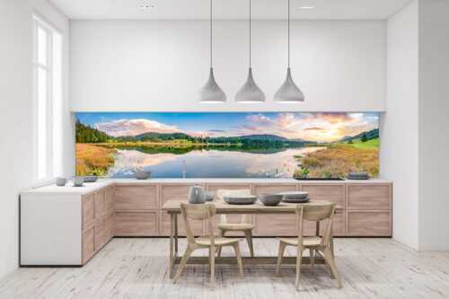 Sonnenuntergang am Geroldsee mit Wettertstein und Wank - Harmonie - Küchenrückwand - Größe ca. 400x100cm, Seitenverhältnis 4:1 - Abendstimmung am Geroldsee - weitere Infos unter https://www.kriner-weiermann.de