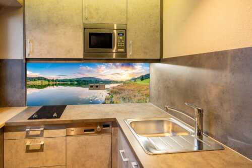 Sonnenuntergang am Geroldsee mit Wettertstein und Wank - Harmonie - Küchenrückwand - Größe ca. 150x60cm, Seitenverhältnis 2,5:1 - Abendstimmung am Geroldsee - weitere Infos unter https://www.kriner-weiermann.de