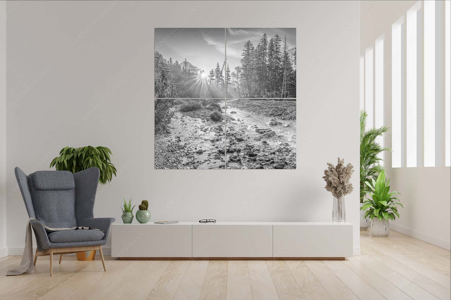 Sonnenaufgang am Isarursprung - Isarursprung I - Wandbild - 4er Split, Größe ca. 180x180cm, Seitenverhältnis 1:1 - Isarquelle im Karwendel - weitere Infos unter https://www.kriner-weiermann.de