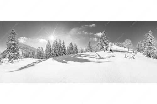 Verschneite Grasbergalm im Soierngebirge mit Krapfenkarspitze - Winterruhe - Seitenverhältnis 2,5:1 - Alm Soierngebirge Schneelandschaft - weitere Infos unter https://www.kriner-weiermann.de